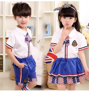 Black red blue patchwork  star striped England style girls boys children kids kindergarten school play modern dance chorus  performance uniforms outfits  costumes set